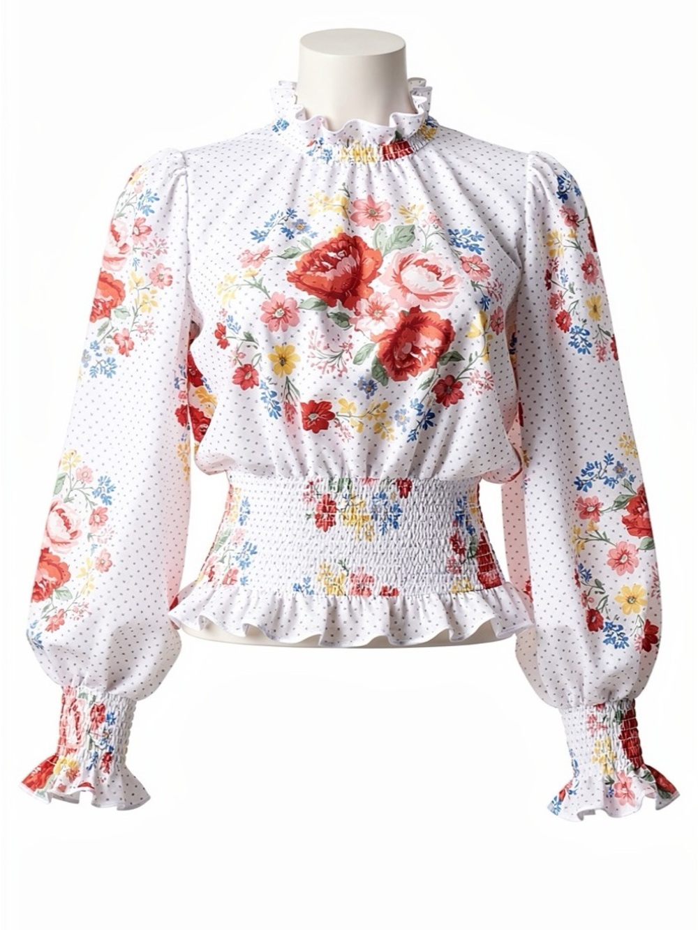 meraki White Floral Smocked Ruffle Blouse with Red Accents